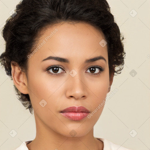 Neutral latino young-adult female with short  brown hair and brown eyes