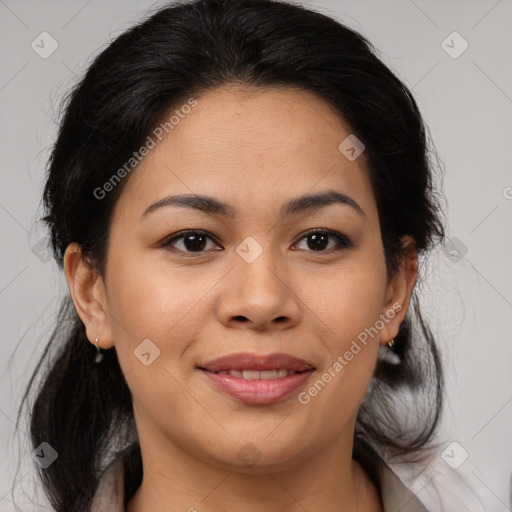 Joyful latino young-adult female with medium  brown hair and brown eyes