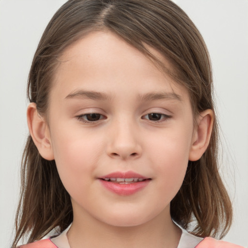 Joyful white child female with medium  brown hair and brown eyes