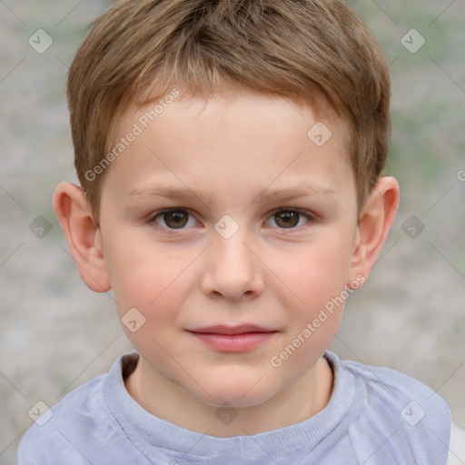 Joyful white child male with short  brown hair and brown eyes