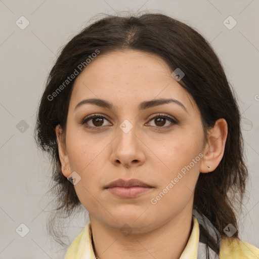 Neutral white young-adult female with medium  brown hair and brown eyes