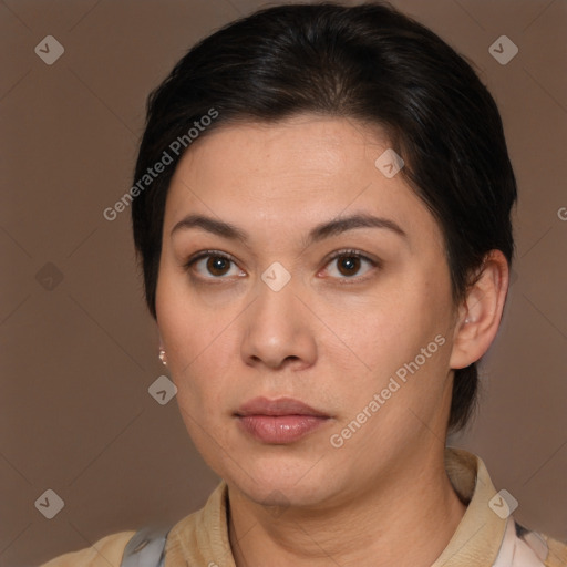 Neutral white young-adult female with medium  brown hair and brown eyes