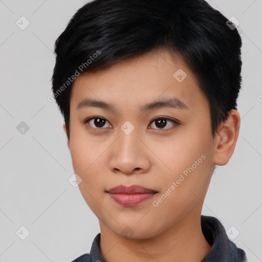Joyful asian young-adult female with short  black hair and brown eyes
