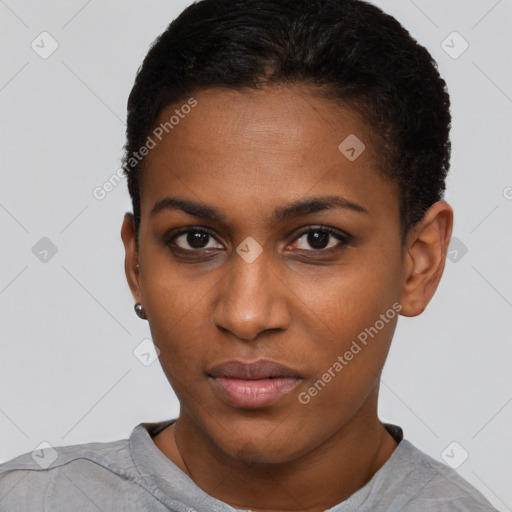 Neutral black young-adult female with short  brown hair and brown eyes