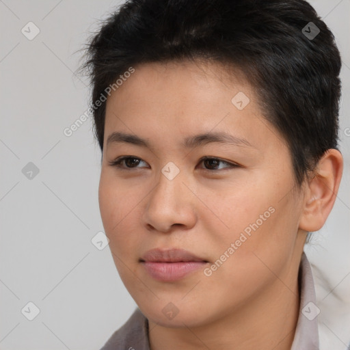 Neutral asian young-adult female with short  brown hair and brown eyes