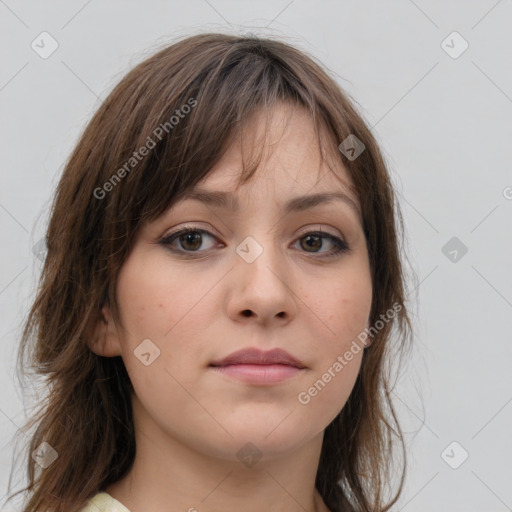 Neutral white young-adult female with medium  brown hair and brown eyes