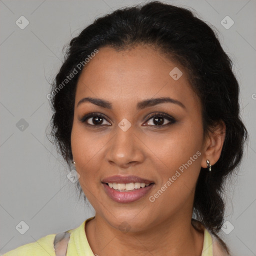 Joyful latino young-adult female with long  black hair and brown eyes