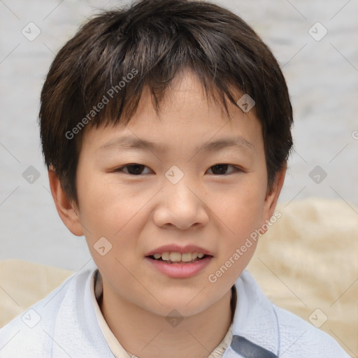 Joyful white child female with short  brown hair and brown eyes