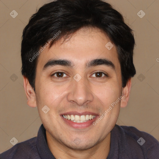 Joyful white young-adult male with short  black hair and brown eyes