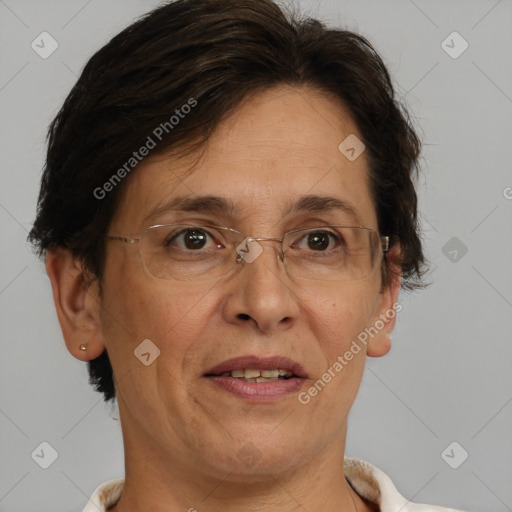 Joyful white adult female with short  brown hair and brown eyes