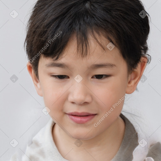 Joyful white child female with medium  brown hair and brown eyes