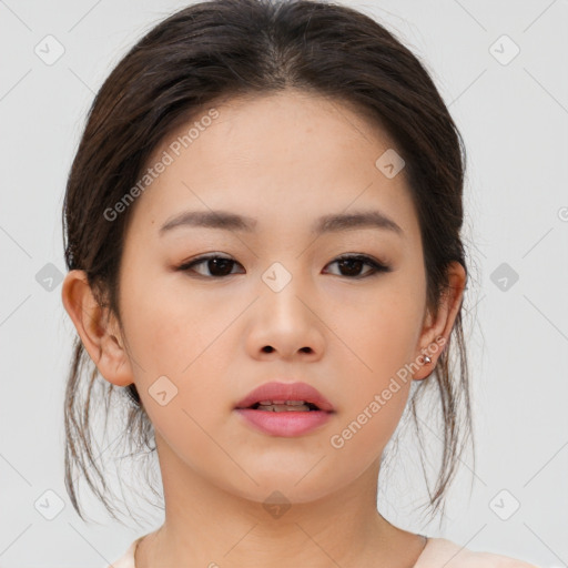 Neutral asian young-adult female with medium  brown hair and brown eyes