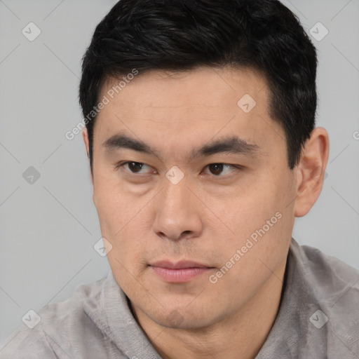 Neutral asian young-adult male with short  black hair and brown eyes