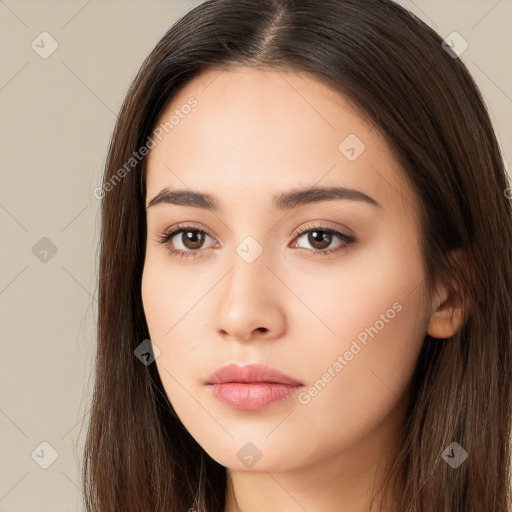 Neutral white young-adult female with long  brown hair and brown eyes