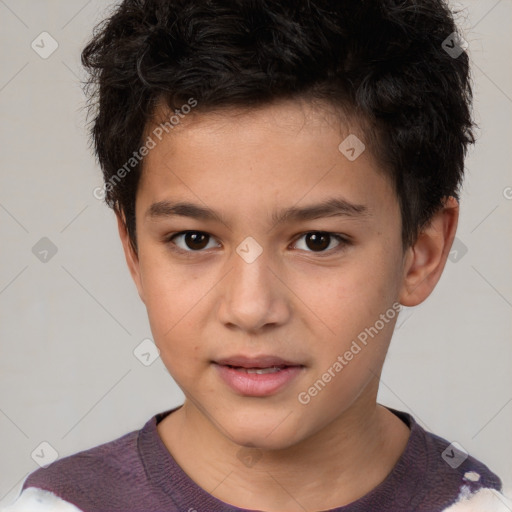 Joyful white child male with short  brown hair and brown eyes