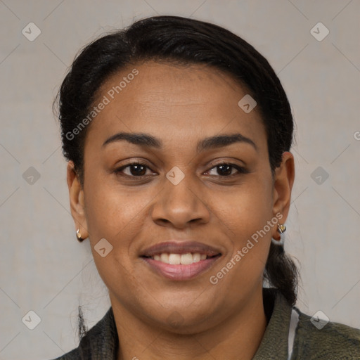 Joyful latino young-adult female with medium  brown hair and brown eyes