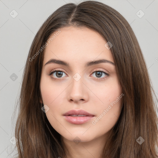 Neutral white young-adult female with long  brown hair and brown eyes