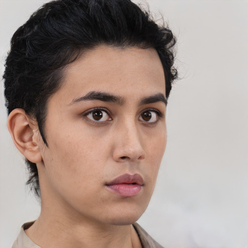 Neutral white young-adult male with short  black hair and brown eyes