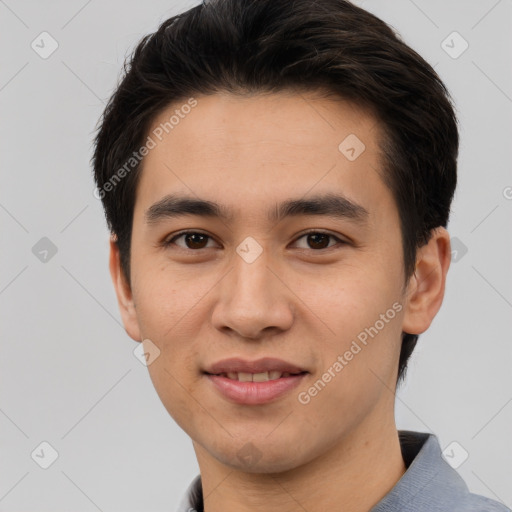 Joyful white young-adult male with short  black hair and brown eyes