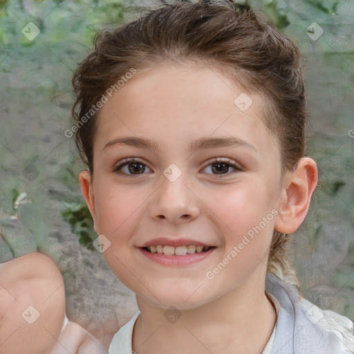 Joyful white child female with short  brown hair and brown eyes