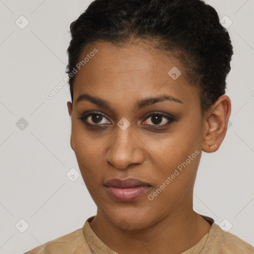 Neutral black young-adult female with short  brown hair and brown eyes