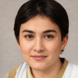 Joyful white young-adult female with medium  brown hair and brown eyes