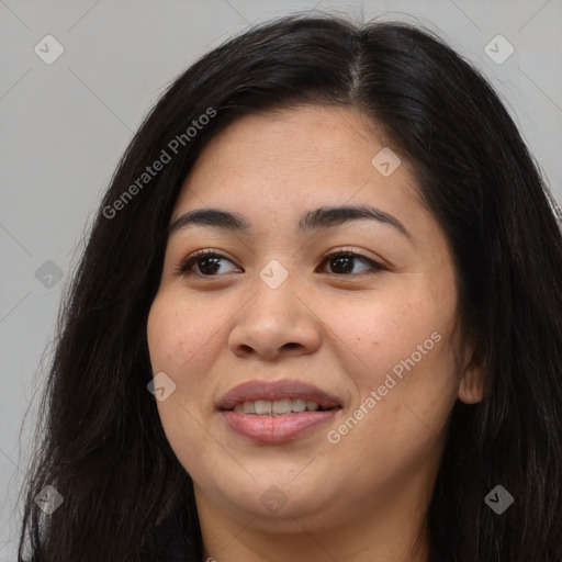 Joyful asian young-adult female with long  brown hair and brown eyes