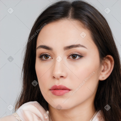 Neutral white young-adult female with long  brown hair and brown eyes