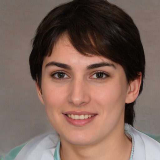 Joyful white young-adult female with medium  brown hair and brown eyes