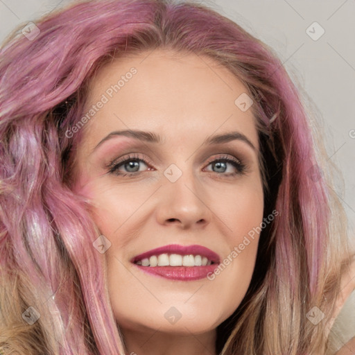 Joyful white young-adult female with medium  brown hair and blue eyes