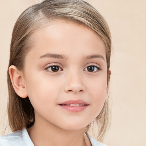 Joyful white child female with medium  brown hair and brown eyes