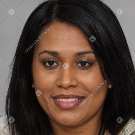 Joyful asian young-adult female with long  brown hair and brown eyes