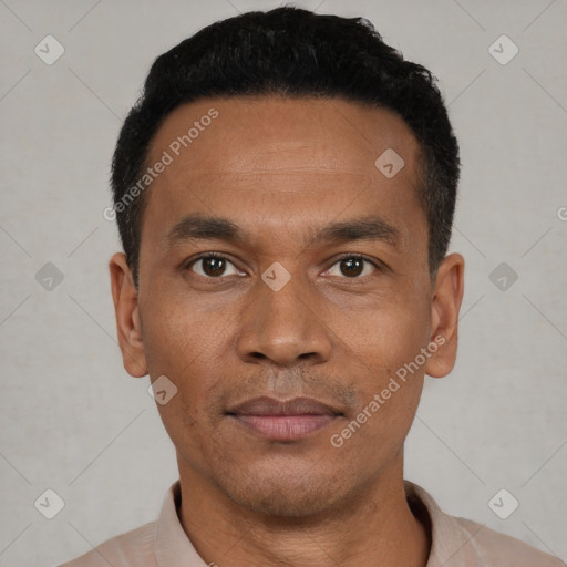 Joyful black young-adult male with short  black hair and brown eyes
