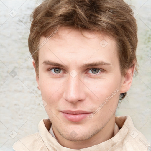 Neutral white young-adult male with short  brown hair and grey eyes