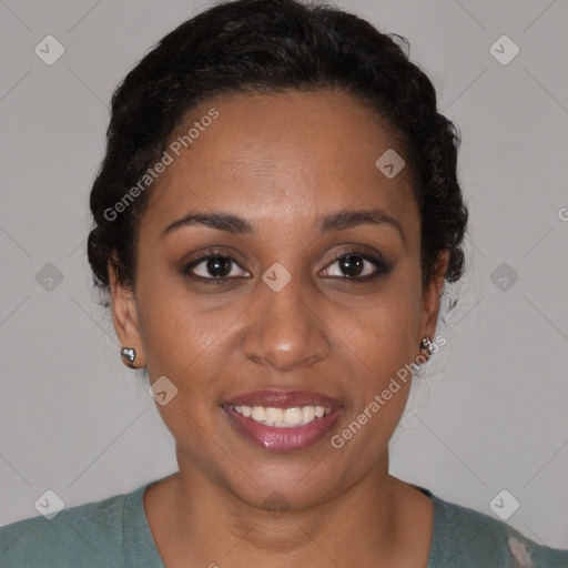 Joyful black young-adult female with short  brown hair and brown eyes