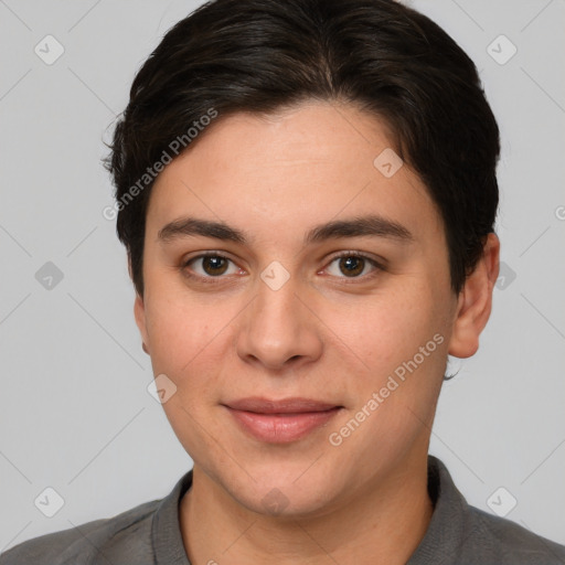 Joyful white young-adult female with short  brown hair and brown eyes