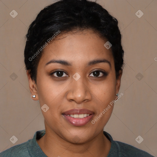 Joyful latino young-adult female with short  black hair and brown eyes