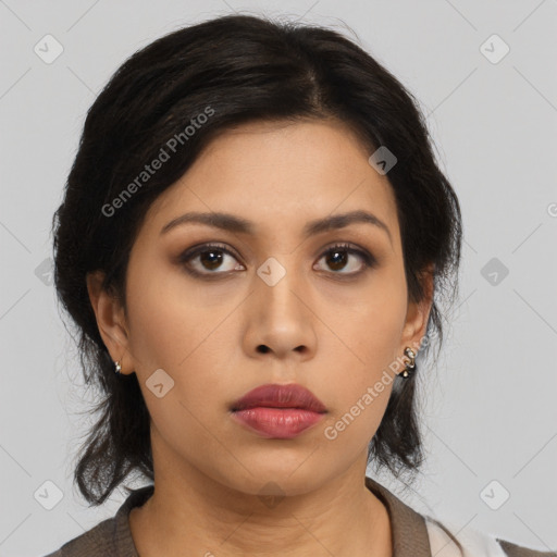 Neutral asian young-adult female with medium  black hair and brown eyes