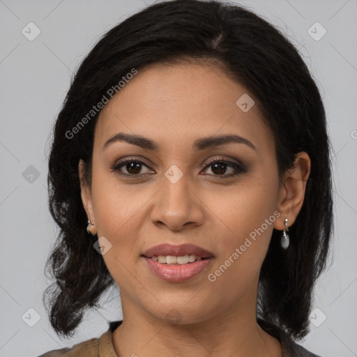 Joyful latino young-adult female with medium  brown hair and brown eyes