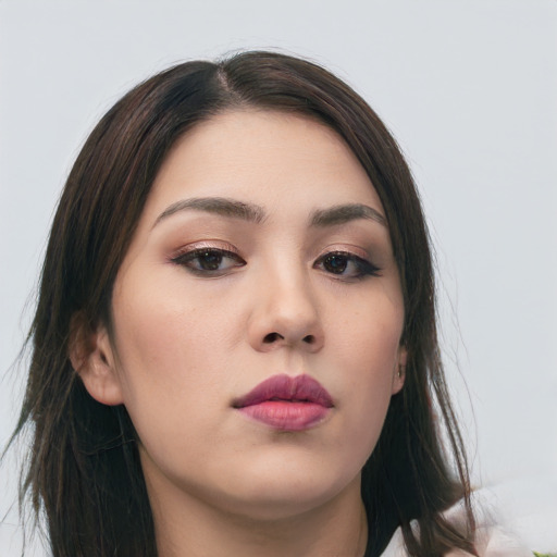 Neutral asian young-adult female with medium  brown hair and brown eyes