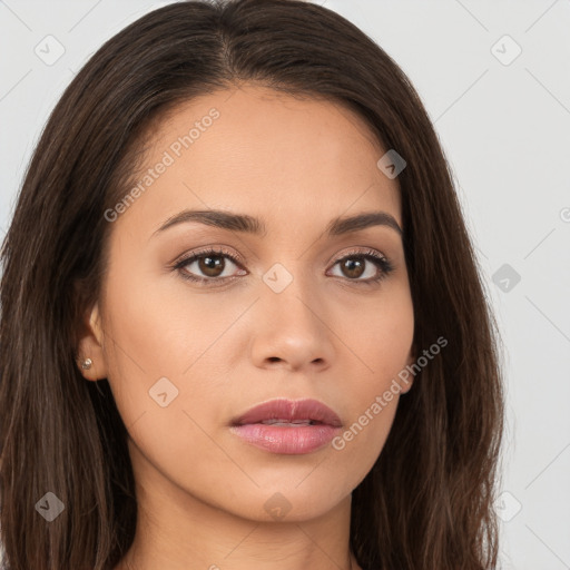 Neutral white young-adult female with long  brown hair and brown eyes