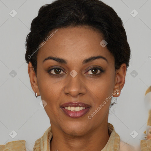 Joyful latino young-adult female with short  brown hair and brown eyes