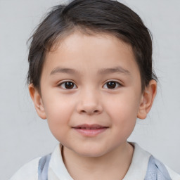 Joyful white child female with short  brown hair and brown eyes