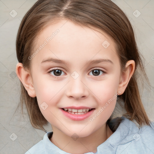 Joyful white child female with medium  brown hair and brown eyes