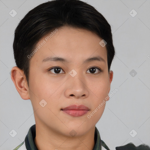 Neutral asian young-adult female with short  brown hair and brown eyes