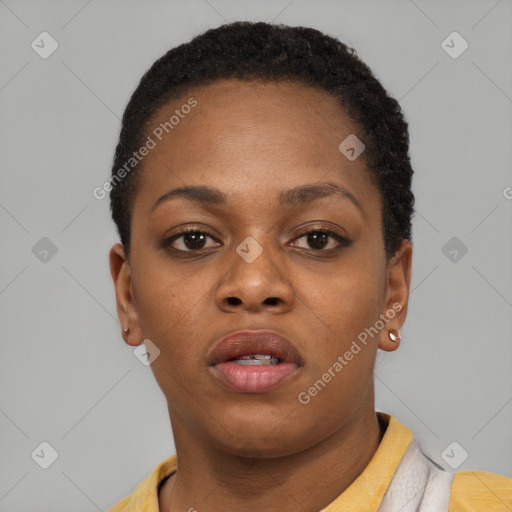 Neutral black young-adult female with short  brown hair and brown eyes