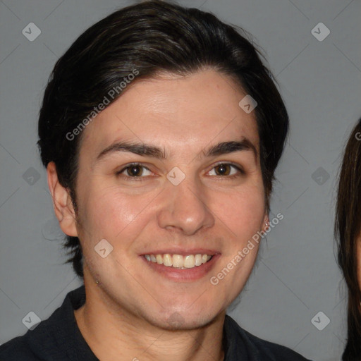 Joyful white young-adult male with medium  brown hair and brown eyes