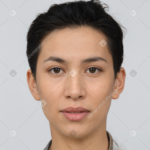 Neutral asian young-adult female with short  brown hair and brown eyes