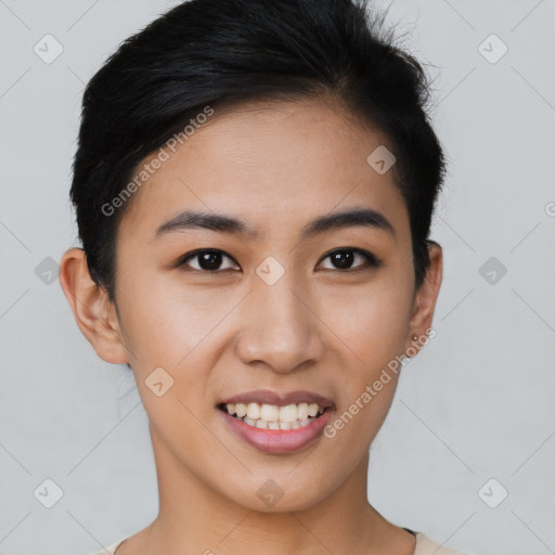 Joyful asian young-adult female with short  brown hair and brown eyes