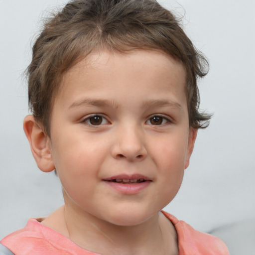 Joyful white child female with short  brown hair and brown eyes